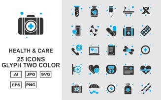 25 Premium Health And Care Glyph Two Color Pack Icon Set