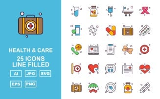 25 Premium Health And Care Line Filled Icon Pack Set