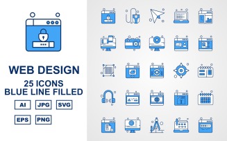 25 Premium Web Design And Development Blue Line Filled Pack Icon Set