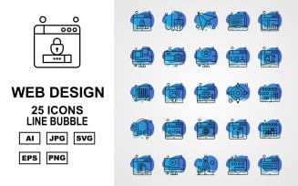 25 Premium Web Design And Development Line Bubble Pack Icon Set
