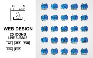 25 Premium Web Design And Development Line Bubble Pack Icon Set