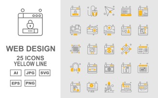 25 Premium Web Design And Development Yellow Line Pack Icon Set