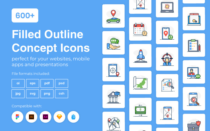 600+ Filled Outline Concept Icon Set