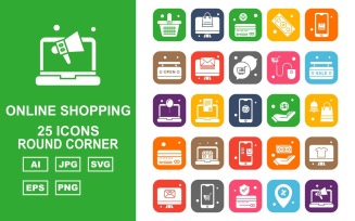 25 Premium Online Shopping Round Corner Pack Icon Set