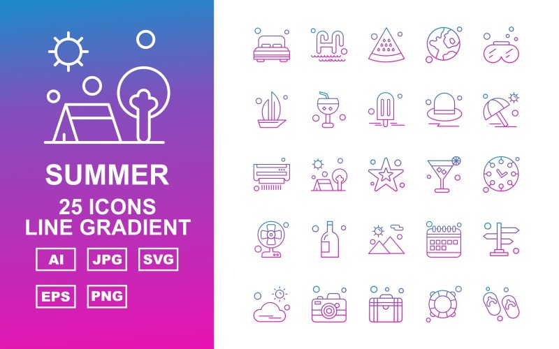 25 Premium Summer II Line Gradient Pack Icon Set
