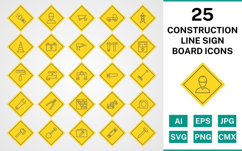 25 Construction Line Sign Board Icon Set