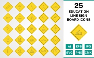 25 Education Line Sign Board Icon Set