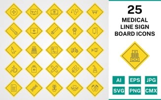 25 Medical Line Sign Board Icon Set