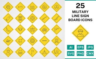 25 Military Line Sign Board Icon Set