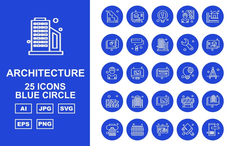 25 Premium Architecture Blue Circle Pack Icon Set