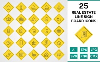 25 Real Estate Line Sign Board Icon Set
