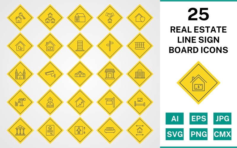 25 Real Estate Line Sign Board Icon Set