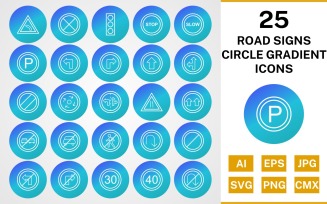 25 Road Signs Circle Gradient Icon Set