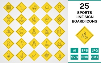 25 Sports And Games Line Sign Board Icon Set