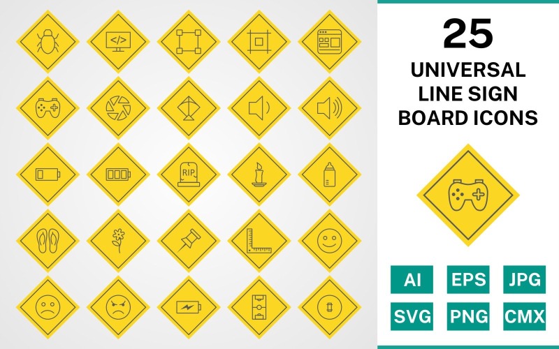 25 Universal Line Sign Board Icon Set