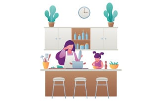 Mother and Daughter Cooking - Illustration