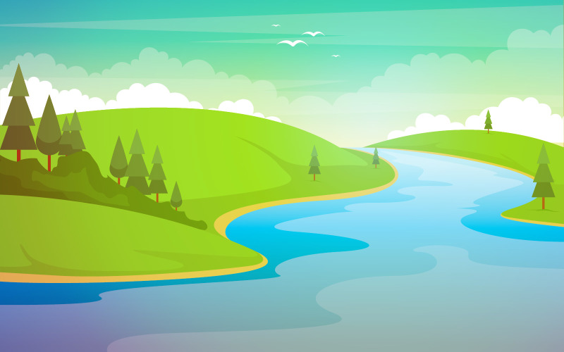 River Mountain Landscape - Illustration