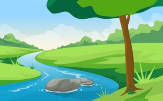 River Rural Landscape - Illustration