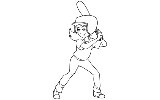 Baseball Batter Girl Line Art - Illustration