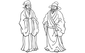 Chinese Elders Line Art - Illustration