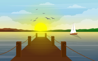 Morning Beach Ship Dock - Illustration