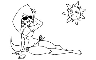 Beach Girl Sitting Line Art - Illustration