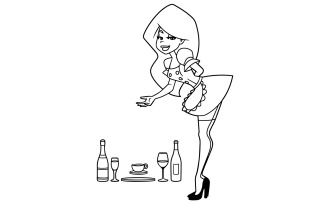 Maid Serving Drinks 2 Line Art - Illustration