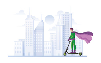 Superhero on Electric Scooter - Illustration