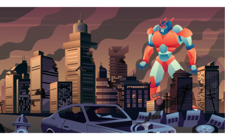 Giant Robot in City - Illustration