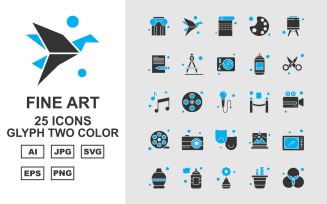 25 Premium Fine Arts Glyph Two Color Icon Pack Set