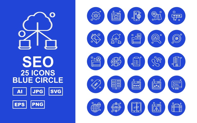 25 Premium SEO Blue Circle Icon Pack Set Icon Set