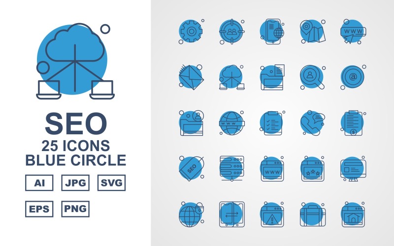 25 Premium SEO Blue Circle Icon Pack Set Icon Set