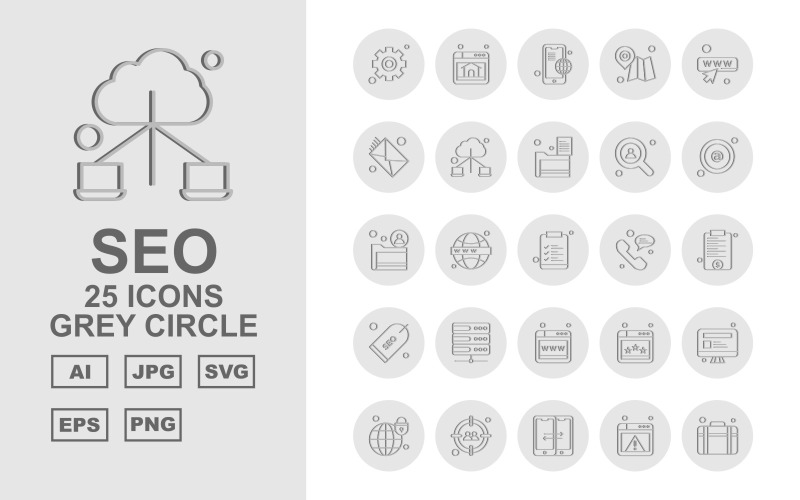 25 Premium SEO Grey Circle Icon Pack Set Icon Set