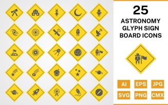 25 Astronomy Glyph Sign Board Icon Set