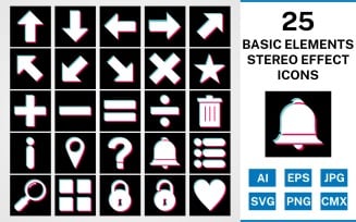 25 Basic Elements Stereo Effect Icon Set