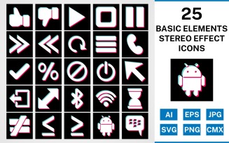 25 Basic Elements Stereo Effect Icon Set