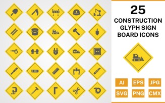 25 Construction Glyph Sign Board Icon Set