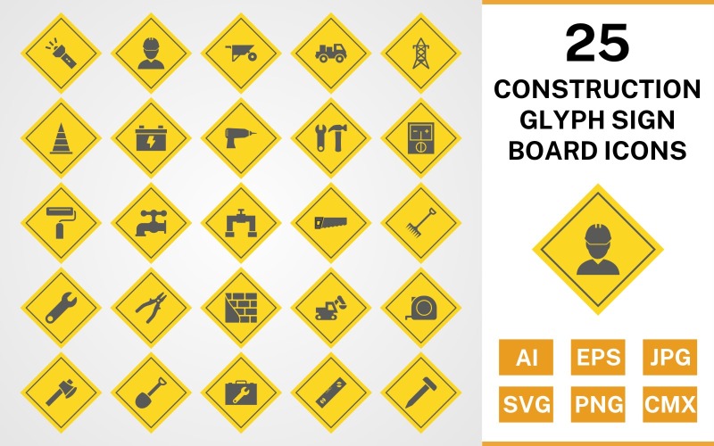 25 Construction Glyph Sign Board Icon Set