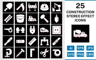 25 Construction Stereo Effect Icon Set
