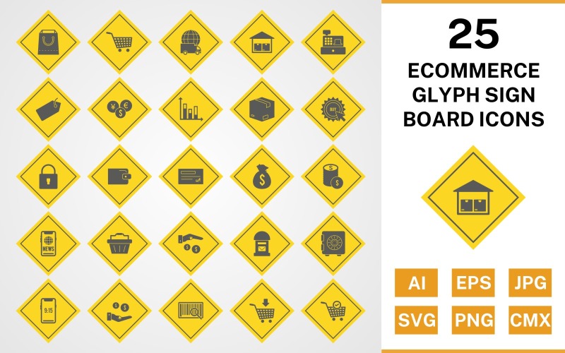 25 Ecommerce Glyph Sign Board Icon Set