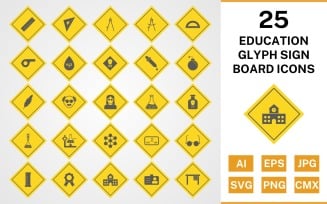 25 Education Glyph Sign Board Icon Set