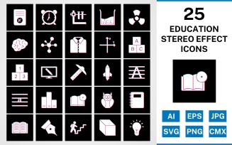 25 Education Stereo Effect Icon Set