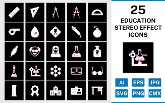 25 Education Stereo Effect Icon Set