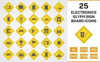 25 Electronic Devices Glyph Sign Board Icon Set