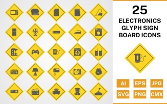25 Electronic Devices Glyph Sign Board Icon Set