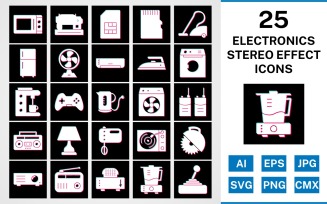 25 Electronic Devices Stereo Effect Icon Set