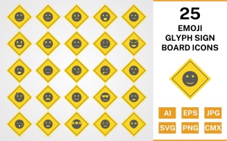 25 Emoji Glyph Sign Board Icon Set