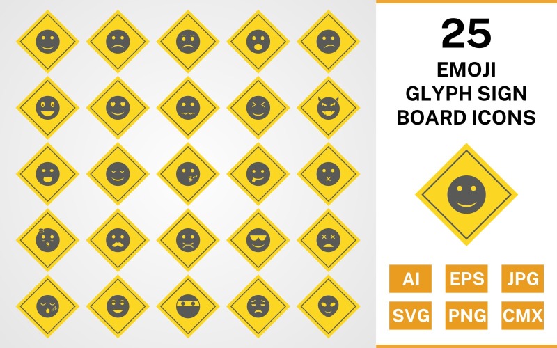 25 Emoji Glyph Sign Board Icon Set