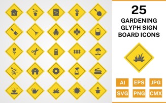 25 Gardening Glyph Sign Board Icon Set