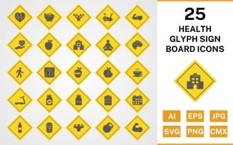 25 Health Glyph Sign Board Icon Set